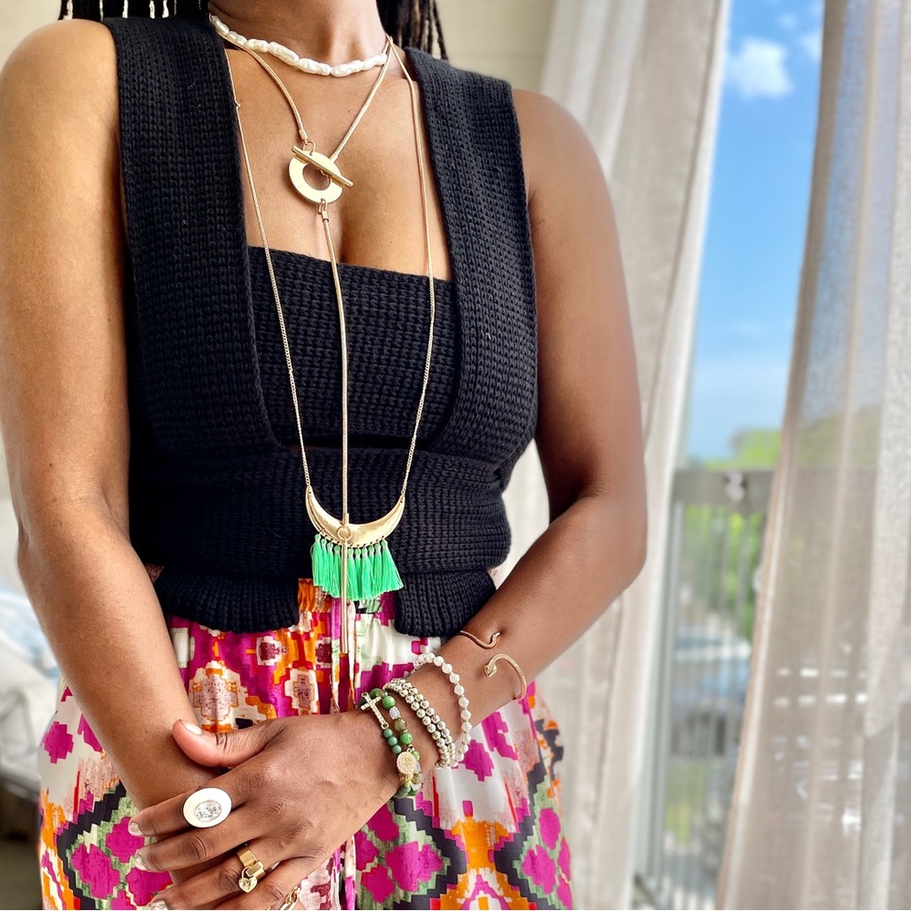 Gold Tone Necklace Green Fringed Necklace